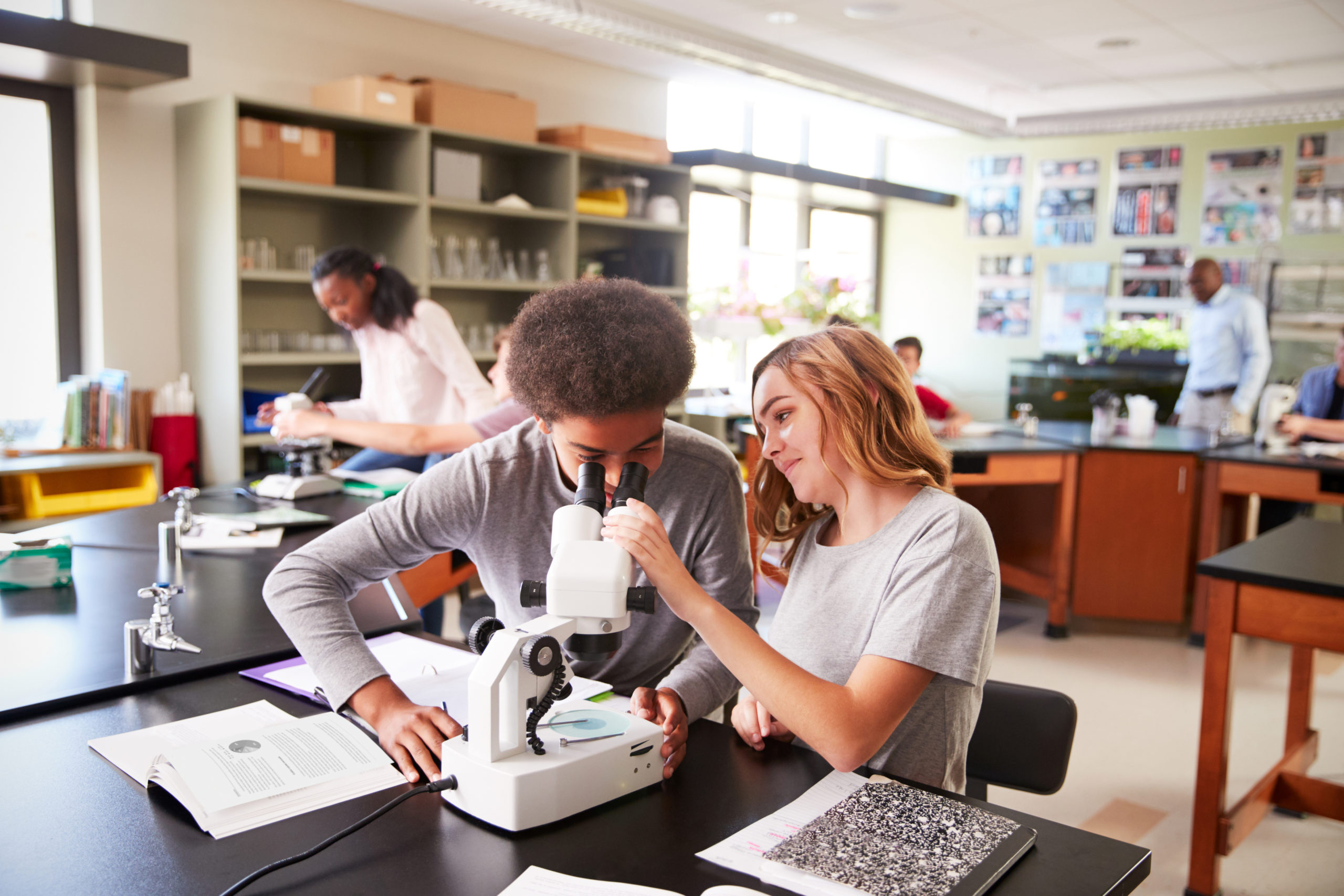 High school students making notes and reviewing slides in a microscope